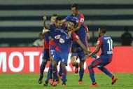 Bengaluru players celebrate Nishu Kumar's (second from left) goal